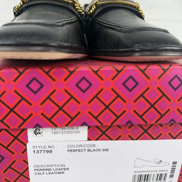 Tory Burch Size 8.5 Perrine Loafer Shoes Square Toe Logo Leather Perfect Black - Picture 15 of 16